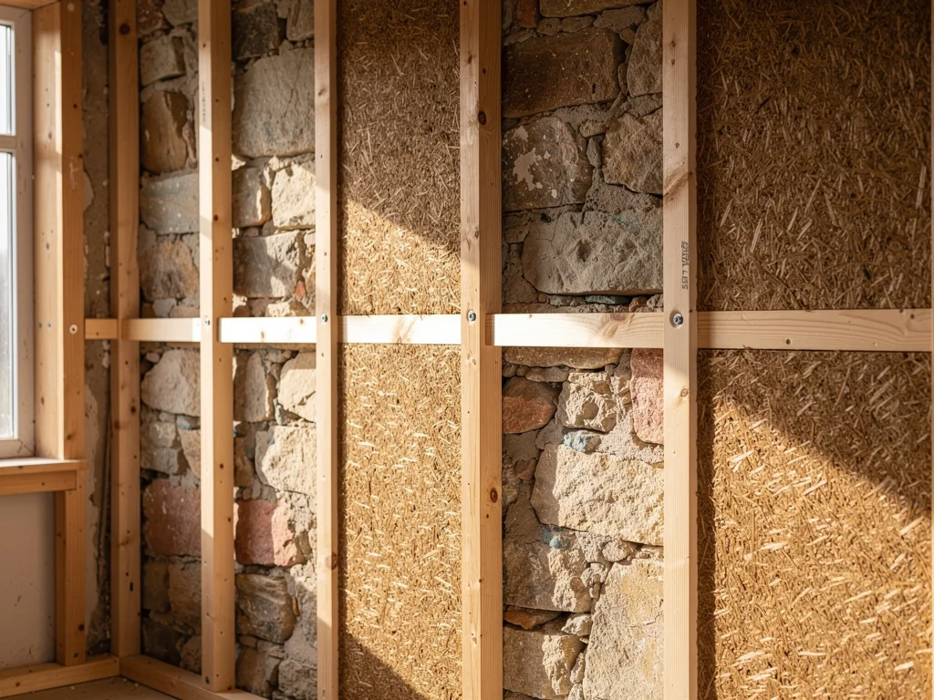 Panneaux de fibre de bois vissés sur une ossature contre un mur ancien
